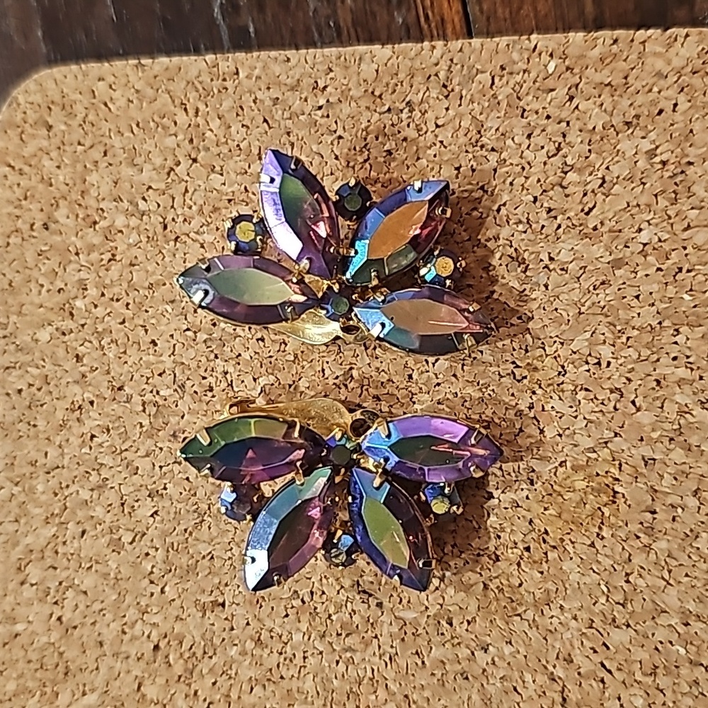 Vintage Iridescent Stoned Clip Earrings